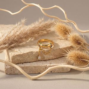 Anillo de cadena de acero inoxidable con diseño de gota de agua y diamantes para mujer, Advanced Sense Pull. - Product Image 4