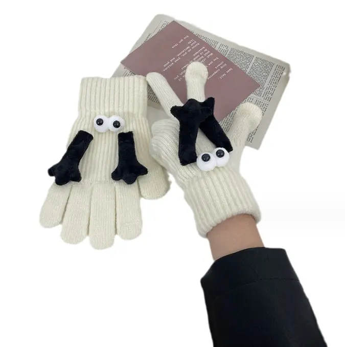 Otoño invierno cálido divertido lindo blanco negro pantalla táctil pareja guantes de mano magnéticos