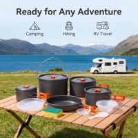 Kit de cuisson 5-en-1 en aluminium anodisé avec casseroles suspendues XL, couvercles en acier inoxydable, personnalisable OEM, pour pique-nique et camping en groupe en extérieur
