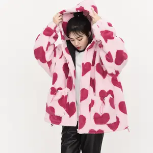 Manteau d'hiver pour femmes, veste en molleton d'agneau imprimé amour, nouveau Style, couple, ample, à capuche, veste polyvalente en coton pour femmes, 2022