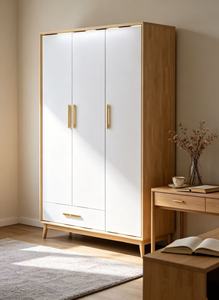Armoire blanche moderne avec poignées en laiton, portes battantes à panneaux plats, design scandinave, armoire de rangement autoportante pour chambre à coucher - Product Image 3