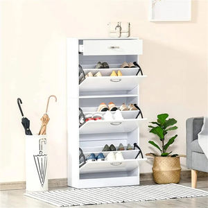 Meuble de rangement pour chaussures autoportant à 3 niveaux, design moderne, porte basculante, bois blanc, gain de place, avec tiroir - Product Image 2