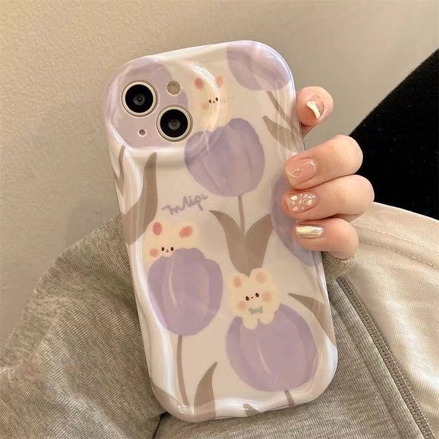 Fashion  Cute Floral iPhone Case for 17promax 16pro 15proamx Purple Tulip Character Design for Girls Wholesale