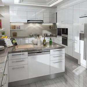 Úc tiêu chuẩn Modular sơn mài tủ bếp với đá cẩm thạch nhân tạo Countertop Acrylic kết thúc Trắng độ bóng cao - Product Image 1