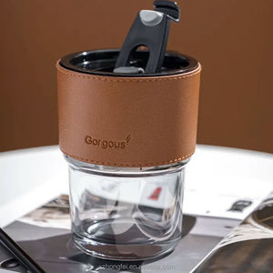 Tùy chỉnh <span class=keywords><strong>450ml</strong></span> du lịch da trà Mug 17Oz Glass đôi tường rõ ràng Glass Coffee Mug với nắp nhựa sinh viên Đảng nước cách sử dụng - Product Image 6