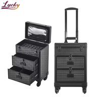 Chariot de beauté professionnel trousse de maquillage sur roues verrouillable boîte cosmétique noire mallette de rangement pour outils à ongles avec 2 tiroirs