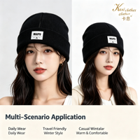 Bonnets d'hiver en acrylique tricoté à revers, avec logo brodé personnalisé et patch tissé imprimé par décoloration, pour adultes unisexes, usage décontracté