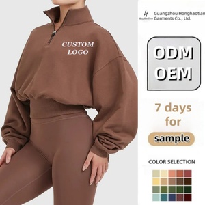 Nuovo Design logo personalizzato <span class=keywords><strong>marca</strong></span> Crop da <span class=keywords><strong>donna</strong></span> con Zip larga cintura in cotone spugna 1/4 <span class=keywords><strong>felpa</strong></span> <span class=keywords><strong>felpa</strong></span> con cappuccio mezza Zip - Product Image 2