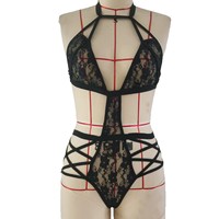 Lingerie Wanita Seksi Berenda Hitam Mewah Tipis Berlubang V Dalam Tembus Pandang Bodysuit Menggoda Set Seksi