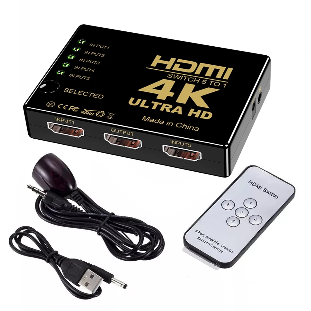 Switcher HDMI OEM 5 porte 5x1 Switch HDMI 5 in 1 out telecomando IR con 3D completo e 4K x 2K per PC HDTV DVD STB PS4