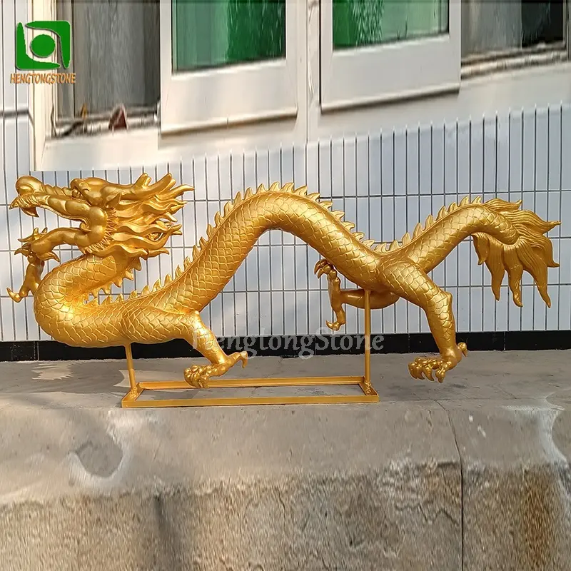 Fibra De Vidro Decorativa Estilo Chinês Estátua Do Dragão Dourado Resina Estátua Animal