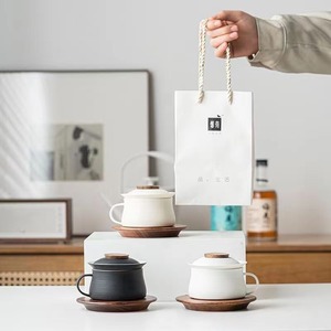 Service à thé en céramique trois pièces « Trois Significations et Mille Régnes », en porcelaine blanche avec plateau en bois, cadeau de bureau - Product Image 1