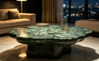 Table basse de luxe en pierre de style italien moderne, motif feuille de lotus, en marbre vert naturel, écologique, pour grande villa et salon.
