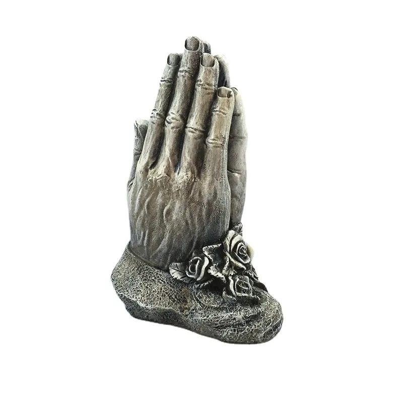 Hecho a mano de resina sintética orando las manos escultura con adorno de flores