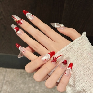 <span class=keywords><strong>Uñas</strong></span> postizas acrílicas de alta calidad hechas a mano al por mayor con diseño de lazo rojo francés y ancla de corona navideña - Product Image 2
