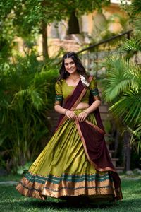 Traditionele Zuid-Stijl Poly Katoen Half <span class=keywords><strong>Saree</strong></span> Met Georgette Dupatta Zari Weefwerk Lehenga Set - Product Image 2