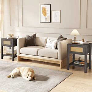 Table de chevet moderne en bois écologique faite à la main avec tiroir, étagère de rangement ouverte, plateau imperméable et bouton en laiton pour appartement et hôtel - Product Image 3