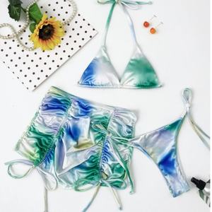 ชุดบิกินี่แบบแห้งเร็วเนื้อผ้าเงา พร้อมบราดันทรง สายวี และชุดคลุมชายหาดแบบซีทรู ชุดวันพีซไหล่เดียวสำหรับผู้หญิง 3 ชิ้น ผลิตจากผ้าสแปนเด็กซ์/โพลีเอสเตอร์ - Product Image 3