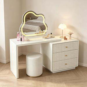 Coiffeuse moderne blanche avec miroir LED Cloud, meuble de rangement et tabouret pour chambre à coucher - Product Image 3