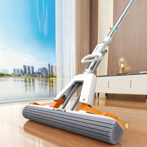 Fregona plegable sin lavado a <span class=keywords><strong>mano</strong></span> con ranura en forma de U profunda 2 cabezales de esponja intercambiables Diseño de exprimidor secundario de poste de acero - Product Image 1