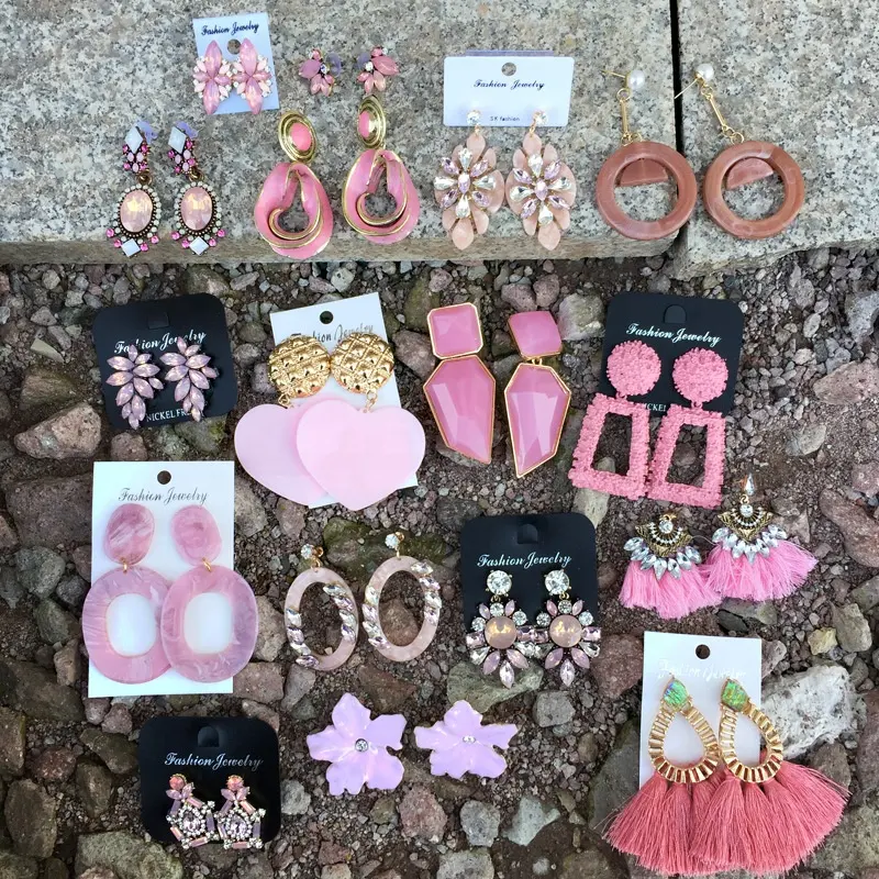 2021 Wedding Jewelry 18 Designs Statement Pink Earrings Korea Fashion Pink Resin Beaded Drop Earrings For Women and Girl