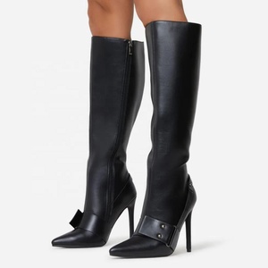 Light Denim Blue Women Buckles Knee High Boots Stiletto Thin Heels <b>Shoes</b> Side Zipper Point Toe Long Booties - Product Image 1
