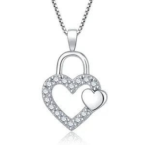 Custom Necklace Jewelry Silver Necklace Double Heart Lock Zirconia Heart Locket Pendant Necklace Bijoux