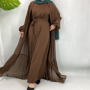 Discount Hot Selling 2PCS Abaya Set (White Pearls Open Abaya Plus Solid Color Long Sleeve <b>Slip</b> Dress) for Muslim <b>Women</b> 1964+6597 - Product Image 4