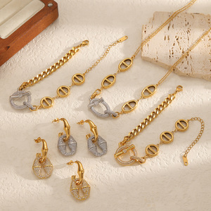 ชุดเครื่องประดับแหวนรูปวงรีเรขาคณิต สแตนเลสชุบทอง สำหรับผู้หญิง แฟชั่นงานปาร์ตี้ สร้อยคอ ต่างหู กำไลข้อมือ ประดับเพชรเม็ดเล็ก - Product Image 3