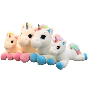 Boneka unicorn pelangi postur berbaring, bantal mainan mewah pegasus kecil bintang keberuntungan kuda pelangi