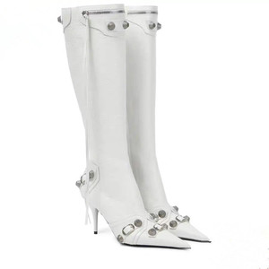 European American Women's Plus Size High Heel Pointed Boots with Black Tassel Metal Rivet Belt Buckle Zip Closure for Winter - Product Image 5