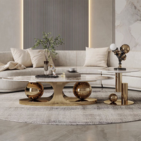 Moderner Design-Couchtisch mit Ovaler Weißer Steinplatte, Wohnzimmermöbel, Großer Goldmarmor Luxus-Zentraltisch