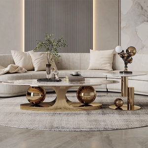 Tavolino da Caffè di Lusso dal Design Moderno Ovale con Piano in Ardesia di Pietra Bianca, Grandi Mobili per Soggiorno, Tavolino Centrale in <span class=keywords><strong>Marmo</strong></span> Dorato - Product Image 2