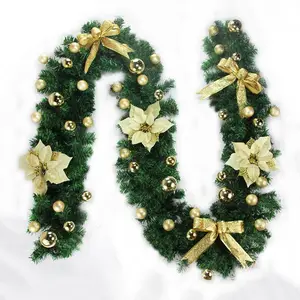 270cm Gold Flower Christmas Garland With Gold Balls Customized Bow Garland Hanging Decoration