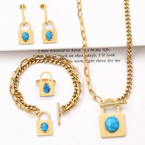 ステンレススチール ターコイズ ブレスレットセット ジョーカーネックレス スクエアペンダントチャーム 4点ジュエリーセット - Product Image 6