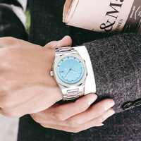 Jam Tangan Pria Kasual Warna Biru Laut Baja Fashion Perak Quartz Grosir Kustom