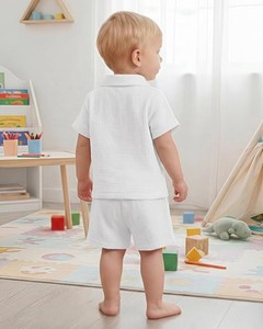 Completo Estivo per Neonato: Camicia a Maniche Corte in Crepe Tinta Unita con Colletto e Pantaloncini Casual con Elastico in Vita - Product Image 2