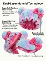 Bonnet de nuit en peluche coton doux 35 cm avec oreilles mignonnes, doublure satinée rose, protection pour cheveux bouclés, double couche, bonnet de spa