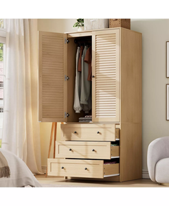 Armoire de chambre moderne avec 3 tiroirs, armoire en bois de 69,5 pouces avec tringle de suspension, 2 portes, rangement mural pour vêtements - Product Image 1