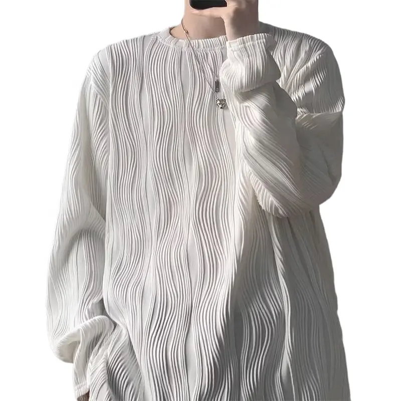 Liu Ming kore tarzı 2024 yeni ürünler erkek giysileri rahat O boyun kazak uzun kollu gevşek Hip Hop üstleri T Shirt