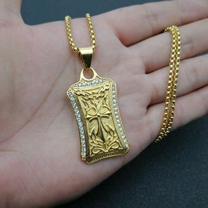 yunnique Hip Hop Style Gold Plated Stainless Steel Rectangular <b>Cross</b> Pendant Necklace With Diamond Pave Setting For Gift - Product Image 5