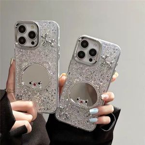 Cover per iPhone 15 Pro Max 14 13 16 17 con Specchio per il Trucco e Design Speciale per Donne, Decorazione Orso Cane Bling con Colla a Goccia - Product Image 1