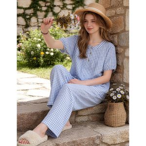 Pijamas de gingham para mujer, conjunto de 2 piezas, top Henley de manga corta, pantalones de pierna ancha, ropa de dormir suave tejida, ropa informal para estar en casa. - Product Image 2