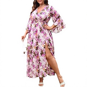 Vestido de manga larga con bordado floral y abertura frontal, cuello en V, talla grande, transpirable, para mujer, primavera/verano. - Product Image 3