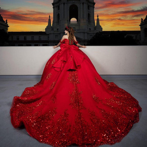 <span class=keywords><strong>Abito</strong></span> da ballo <span class=keywords><strong>rosso</strong></span> con spalle scoperte, scollo a cuore, perline e paillettes, con fiocco - Modello Quinceanera Lsmu38 - Product Image 2