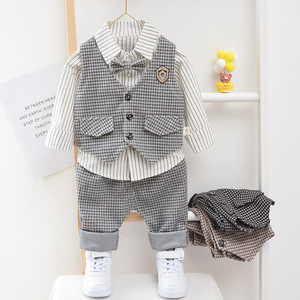 Vêtements pour enfants en gros, bébé garçon de 1 à 3 ans, printemps automne, style britannique, motif à carreaux, tissu en coton, costume trois pièces, <span class=keywords><strong>gilet</strong></span> - Product Image 4