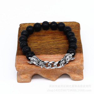 ยูนิคสร้อยข้อมือหินภูเขาไฟ 10 มม. ลูกปัดสีดำทิเบตเงินมังกรเข็มกลัดเครื่องประดับสำหรับทุกเพศแฟชั่นสร้อยข้อมือโซ่ - Product Image 2