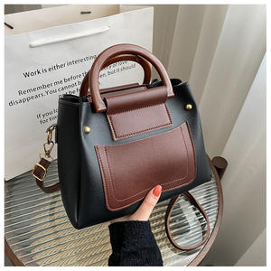 Factory Retro New Fashion Color Contrast Handbag Large Capacity <b>Bucket</b> PU Leather Stitching Color <b>Womens</b> Messenger Tote <b>Bags</b> - Product Image 3