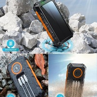 Vente en gros usine Modèle exclusif Panneau solaire extérieur Taiyang en plastique avec charge rapide par câble intégré, batterie externe 30000 mAh