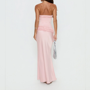 <span class=keywords><strong>Robe</strong></span> de soirée de mariée en satin rose sans bretelles avec dentelle pour femme - Product Image 4